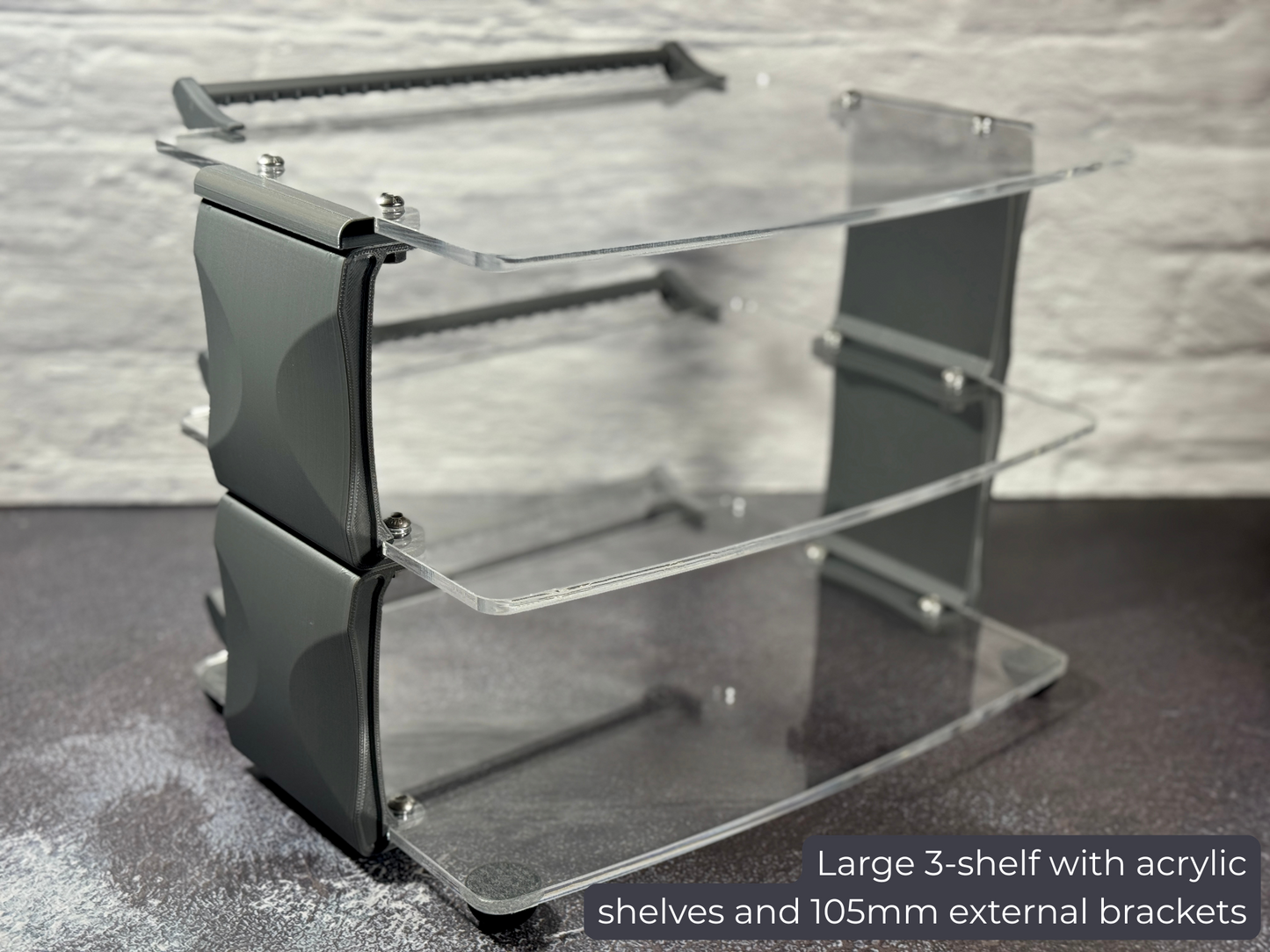 desktop audio rack with 3 acrylic shelves and gray external brackets