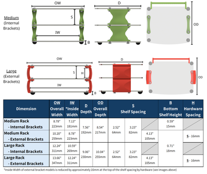 table and graphic showing detailed dimensions of available audio rack sizes
