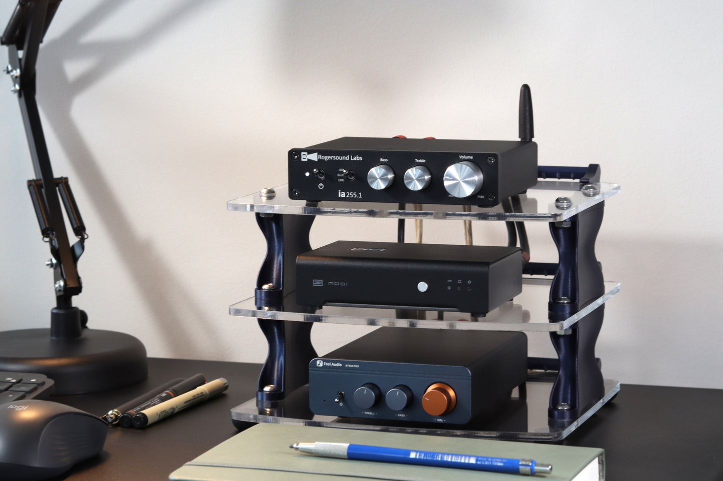 Medium Desktop Audio Rack | Internal Brackets | Acrylic Shelves